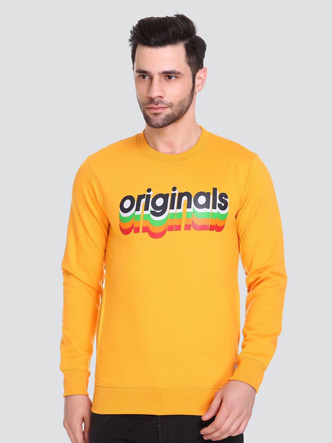 

HB Honey Bee Men Printed Round Neck Sweatshirt, Yellow