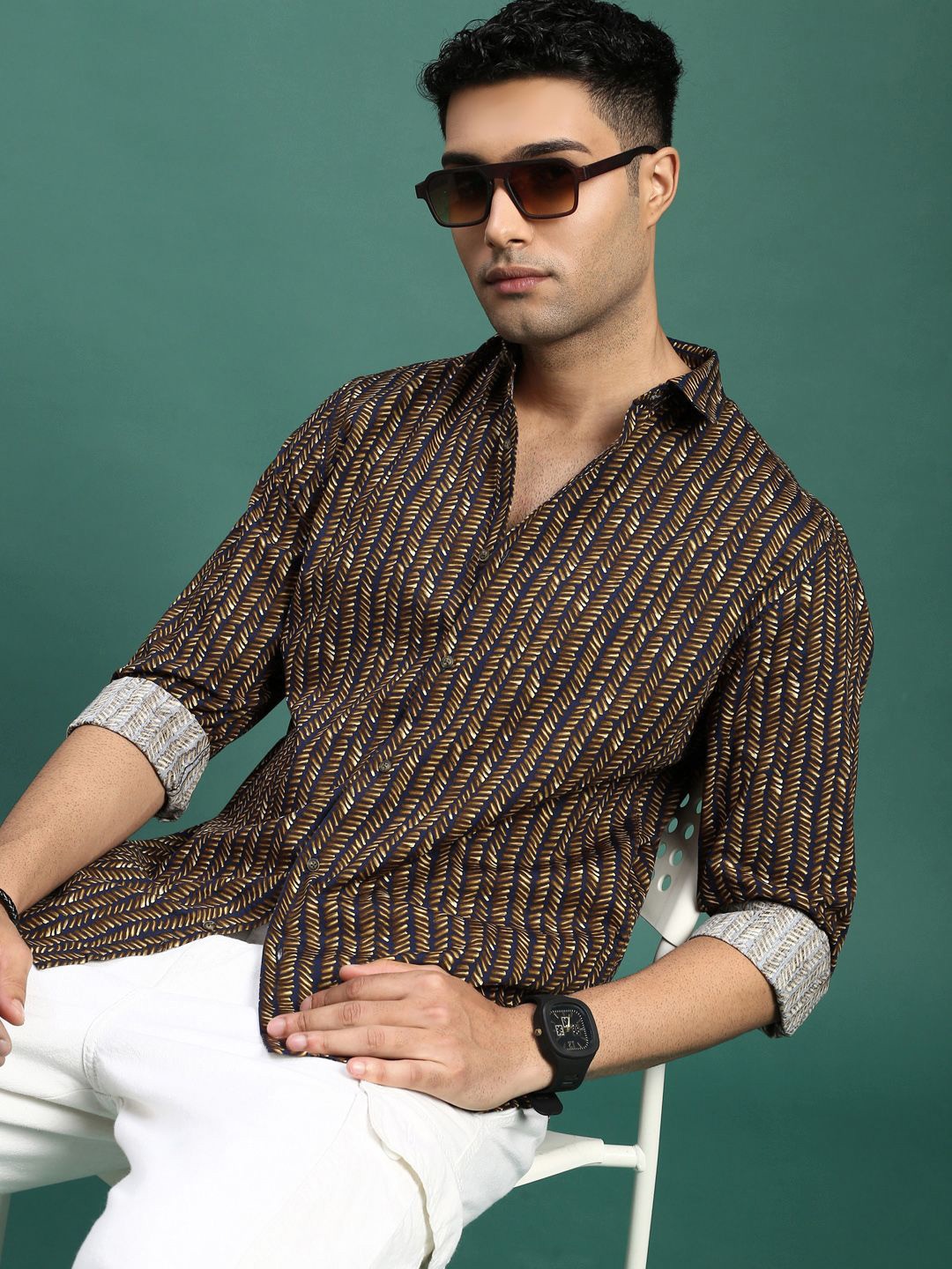 

SHOWOFF Men Standard Slim Fit Striped Printed Casual Shirt, Yellow