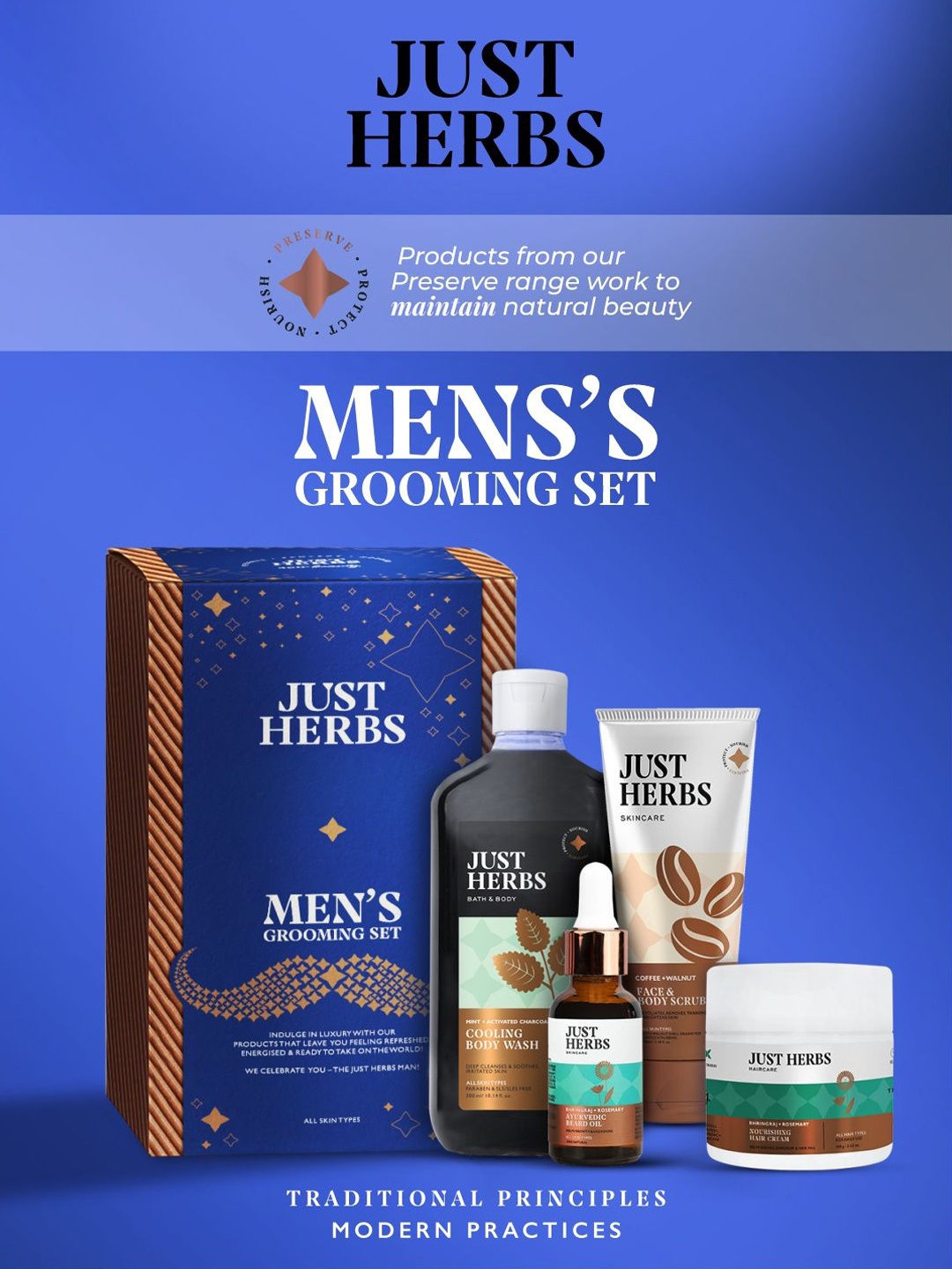 

Just Herbs 4Pcs Body Wash, Beard Oil, Face & Body Scrub & Nourishing Hair Cream Gift Set, Multi