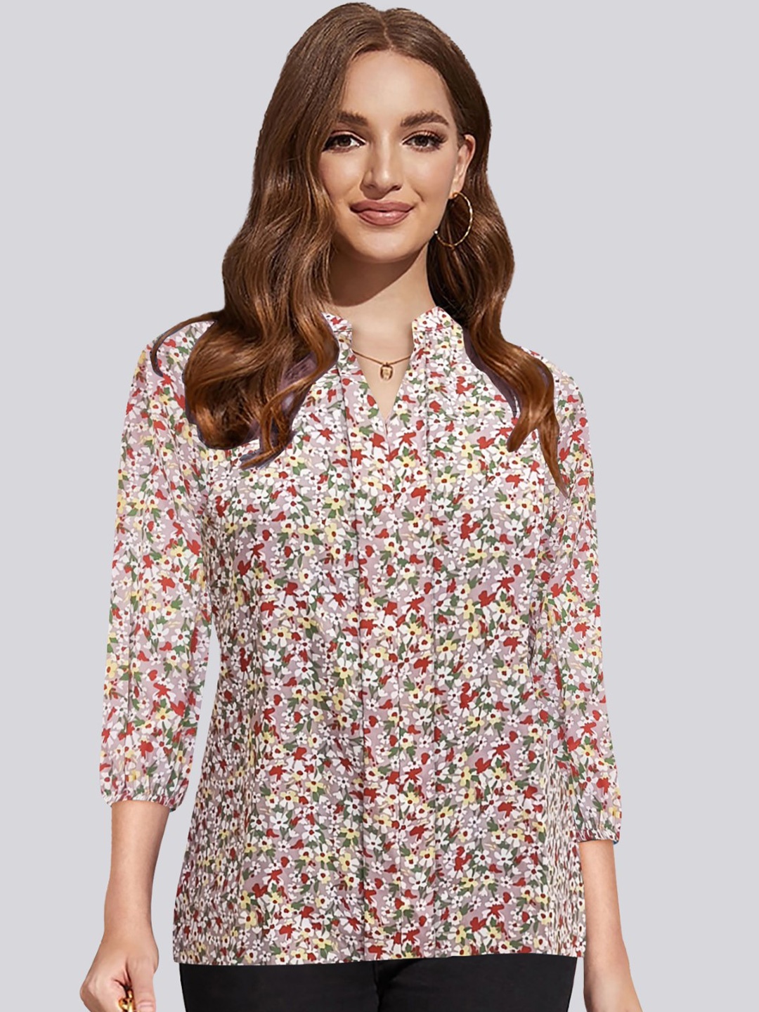 

BAESD Floral Print Mandarin Collar Cotton Top, Pink