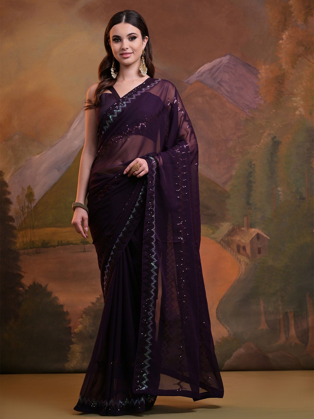 

KALINI Embellished Sequinned Pure Georgette Saree, Violet