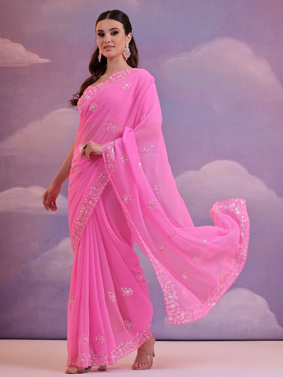 

KALINI Embellished Sequinned Pure Georgette Saree, Pink