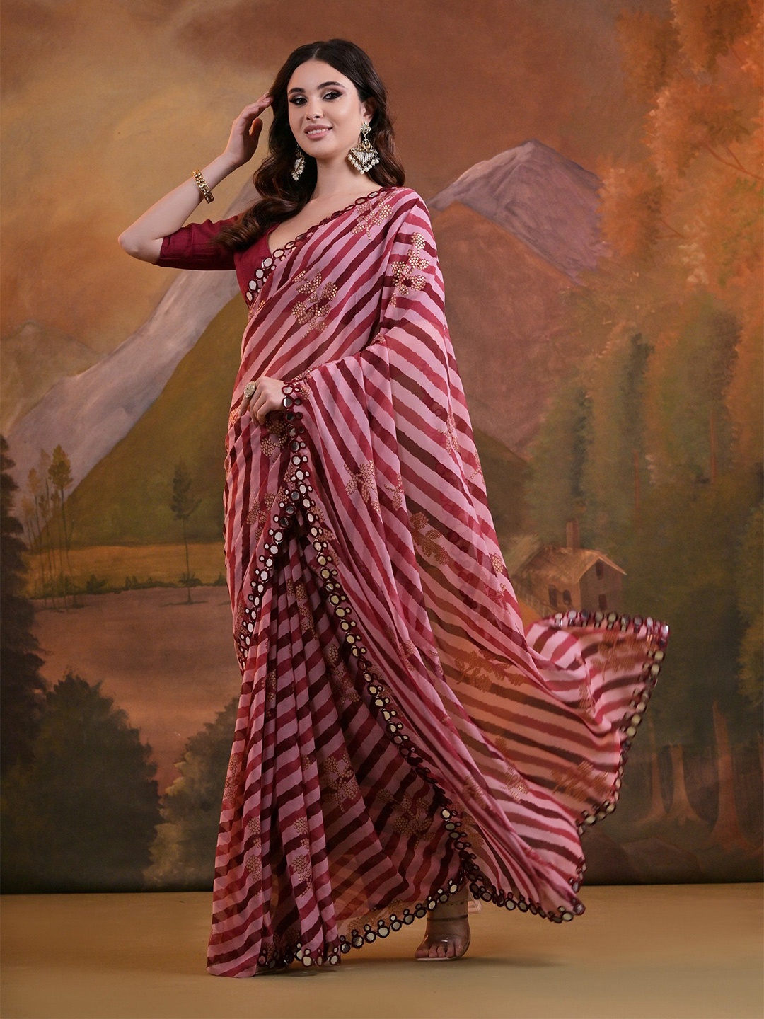 

KALINI Leheriya Mirror Work Pure Georgette Saree, Maroon