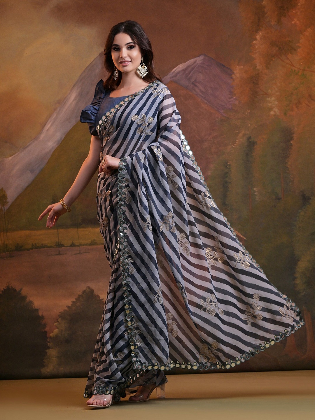 

KALINI Leheriya Mirror Work Sequinned Pure Georgette Saree, Navy blue