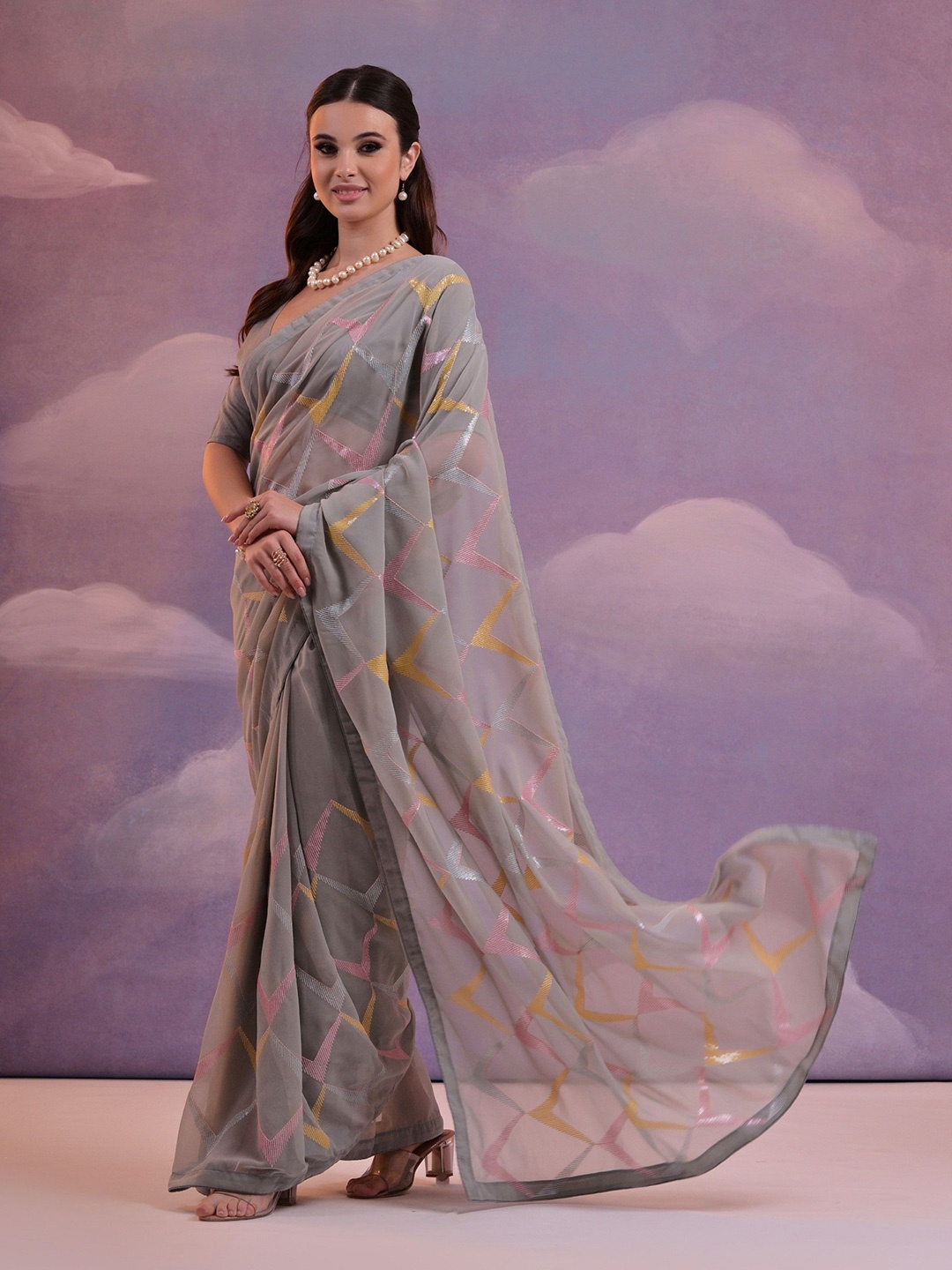 

KALINI Embellished Sequinned Pure Georgette Saree, Grey