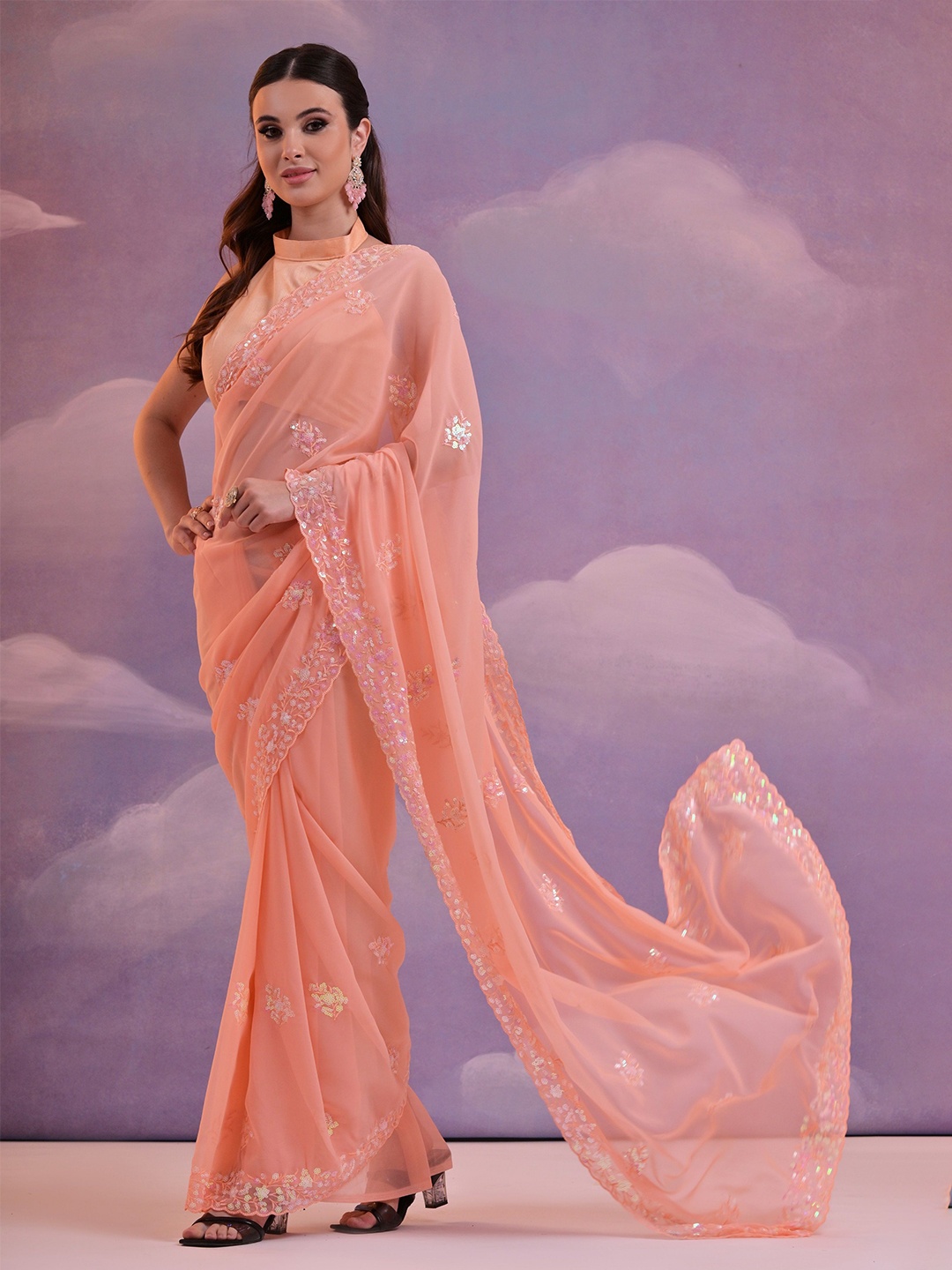 

KALINI Sequinned Pure Georgette Saree, Peach