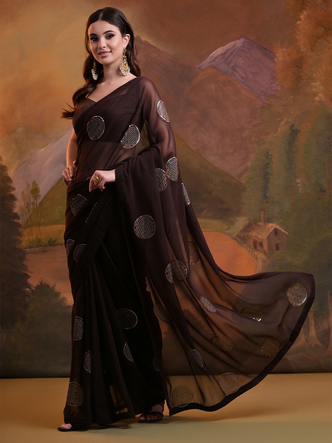 

KALINI Ethnic Motifs Pure Georgette Saree, Brown