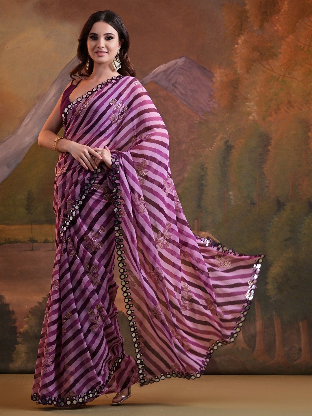 

KALINI Leheriya Mirror Work Pure Georgette Saree, Violet