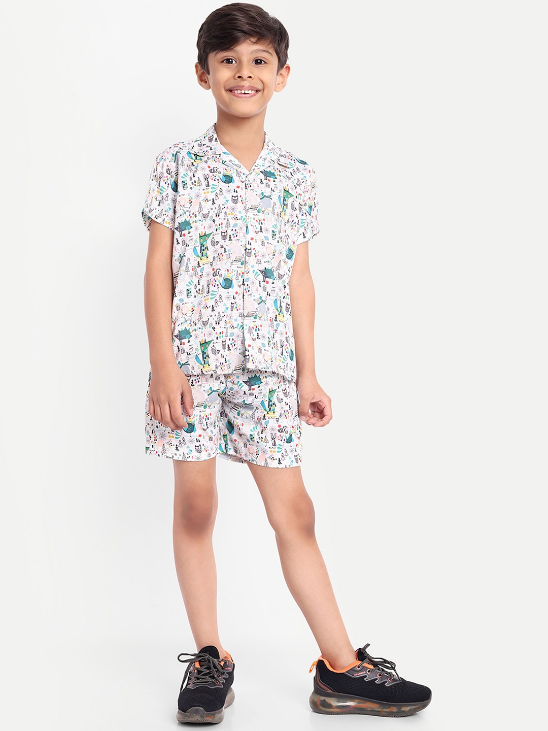 

BAESD Boys Printed Pure Cotton Shirt With Shorts, White