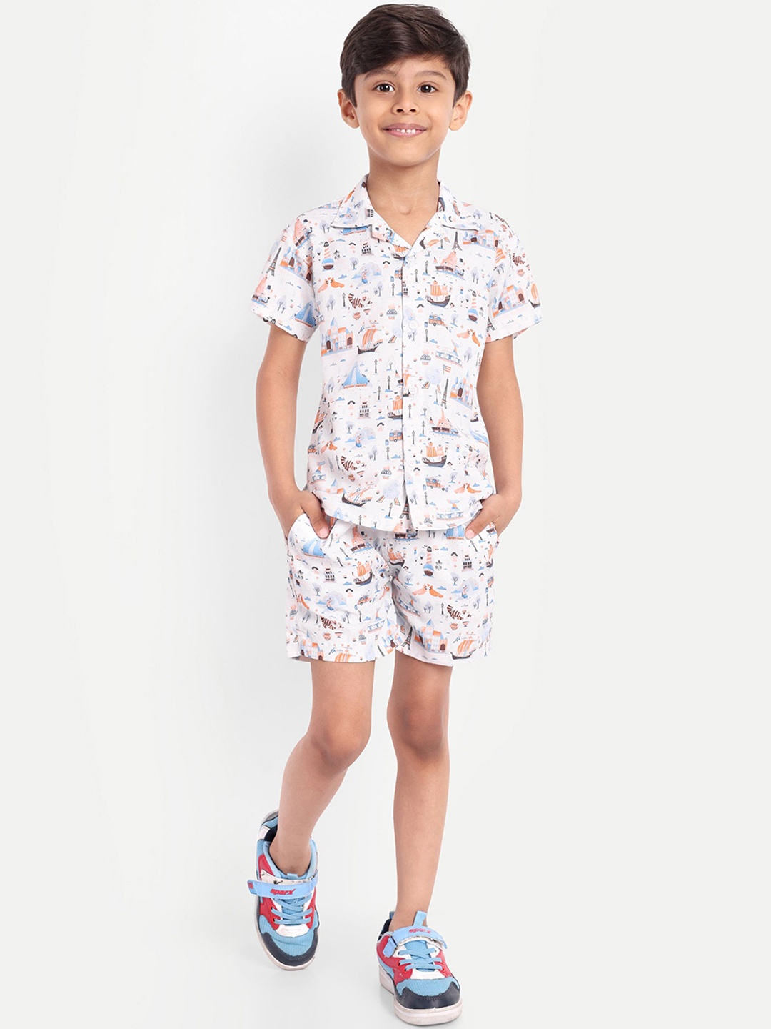 

BAESD Kids Printed Pure Cotton Shirt With Shorts, White
