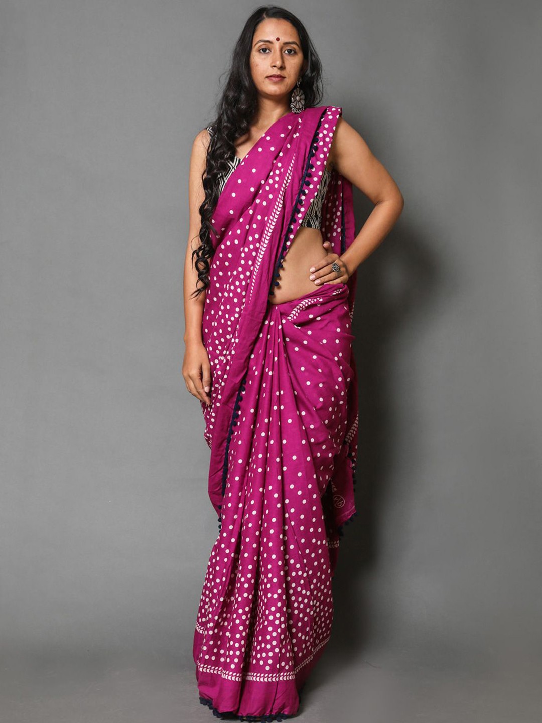 

BUTA BUTI Polka Dot Pompom Pure Cotton Saree, Pink