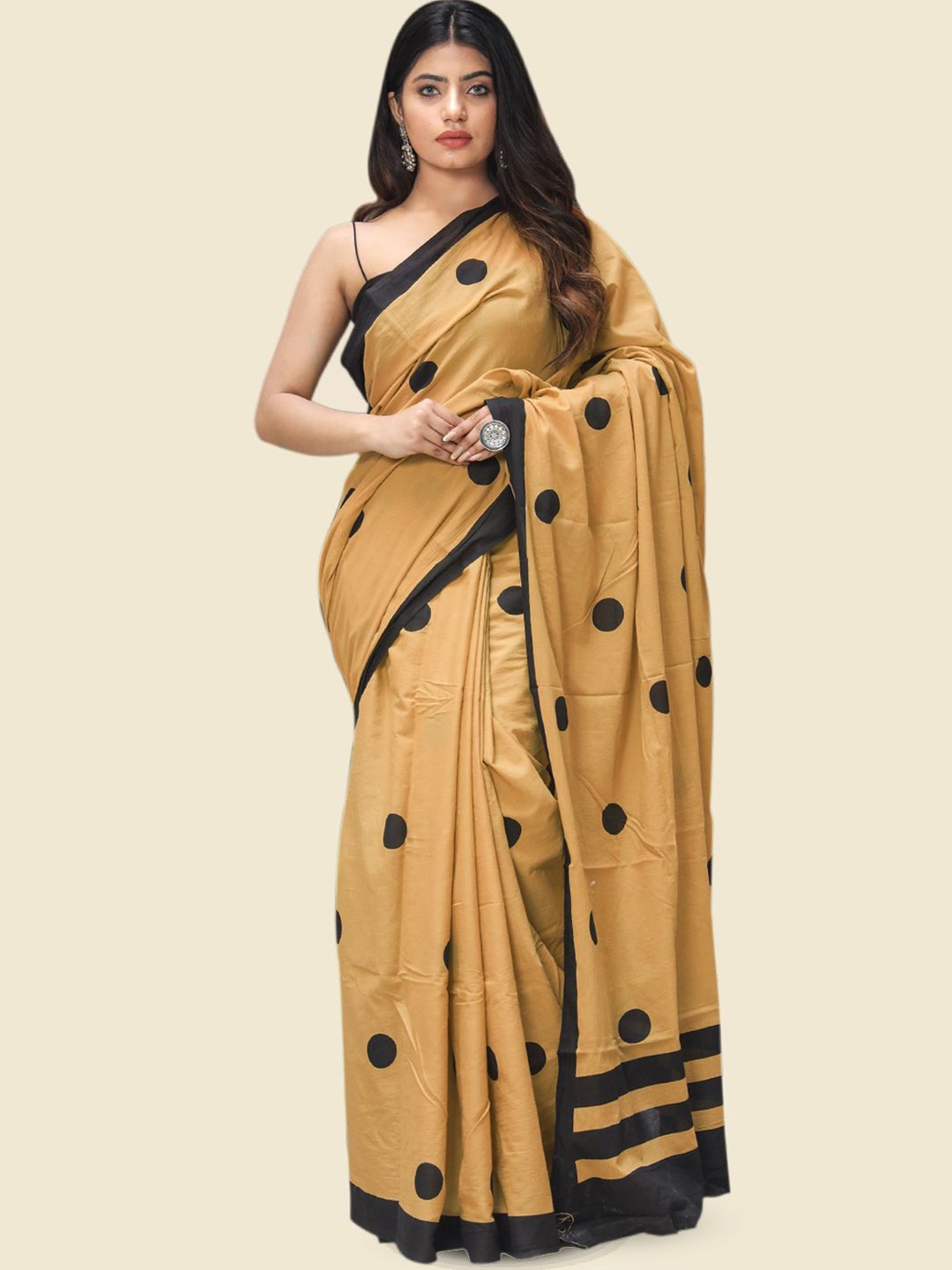 BUTA BUTI Polka Dot Pure Cotton Saree, Mustard