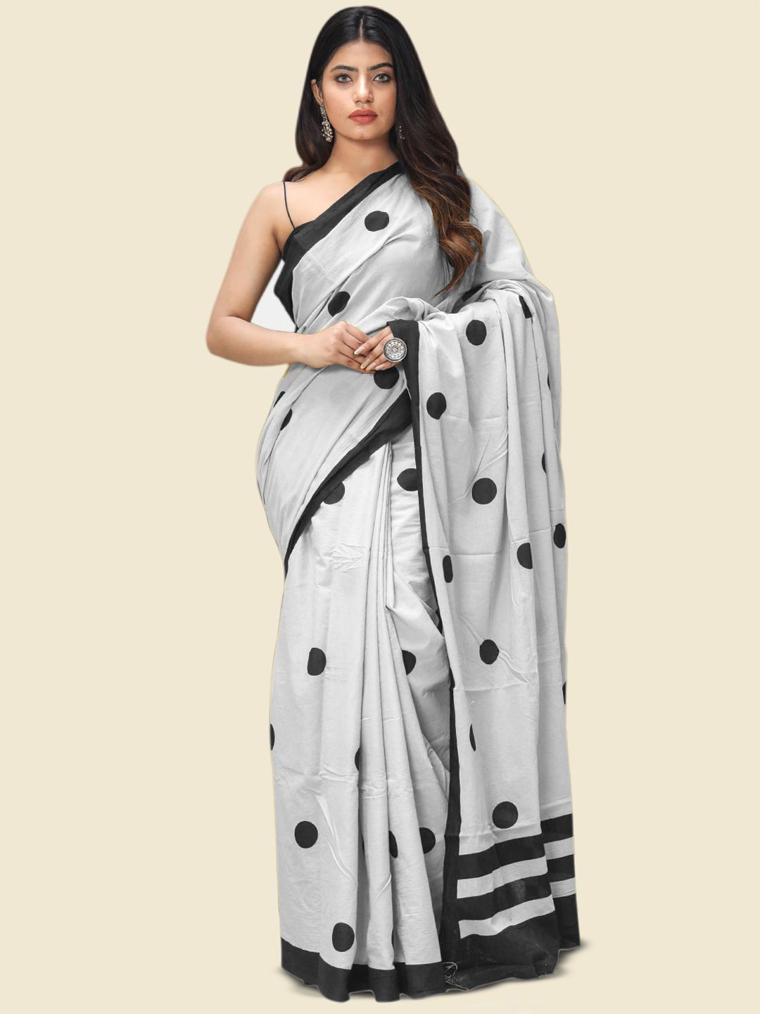 

BUTA BUTI Polka Dot Pure Cotton Saree, Black