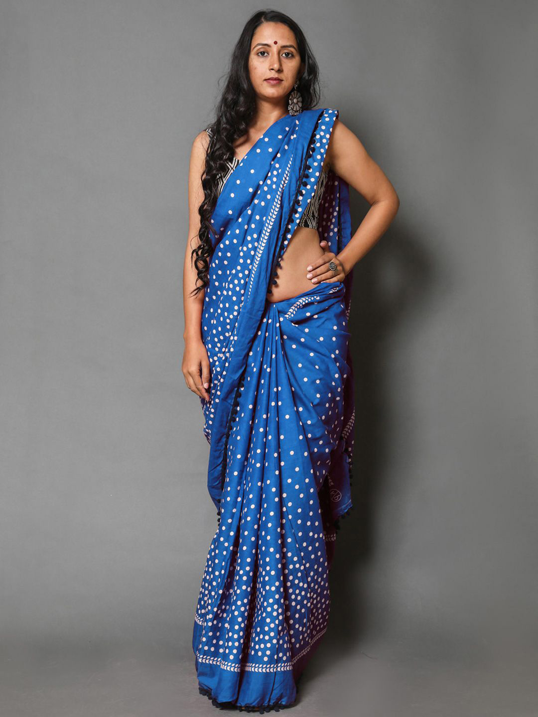 

BUTA BUTI Polka Dot Pompom Pure Cotton Saree, Blue