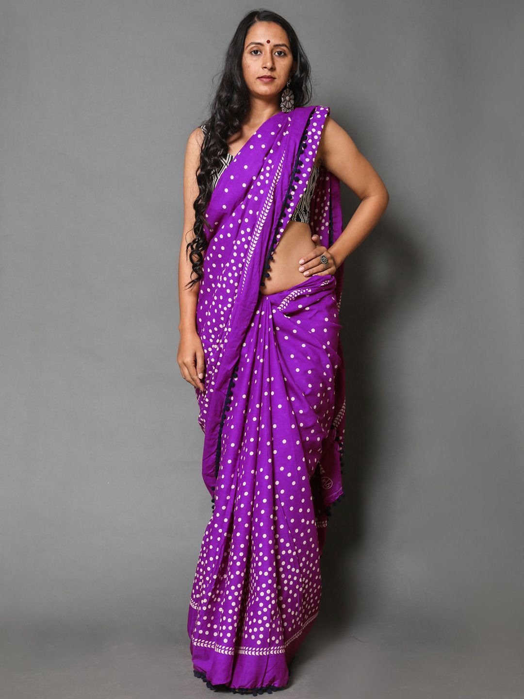 

BUTA BUTI Polka Dot Pure Cotton Saree, Purple