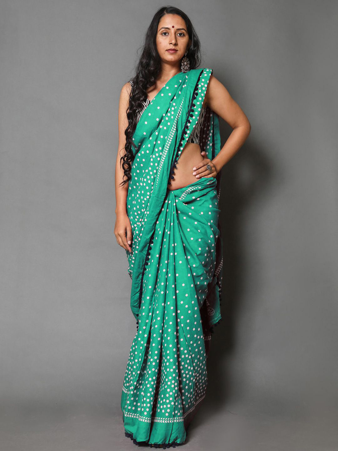 

BUTA BUTI Polka Dot Pure Cotton Saree, Green