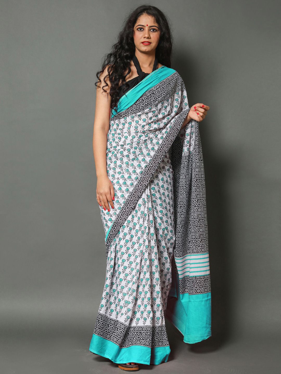 

BUTA BUTI Floral Pure Cotton Saree, Sea green