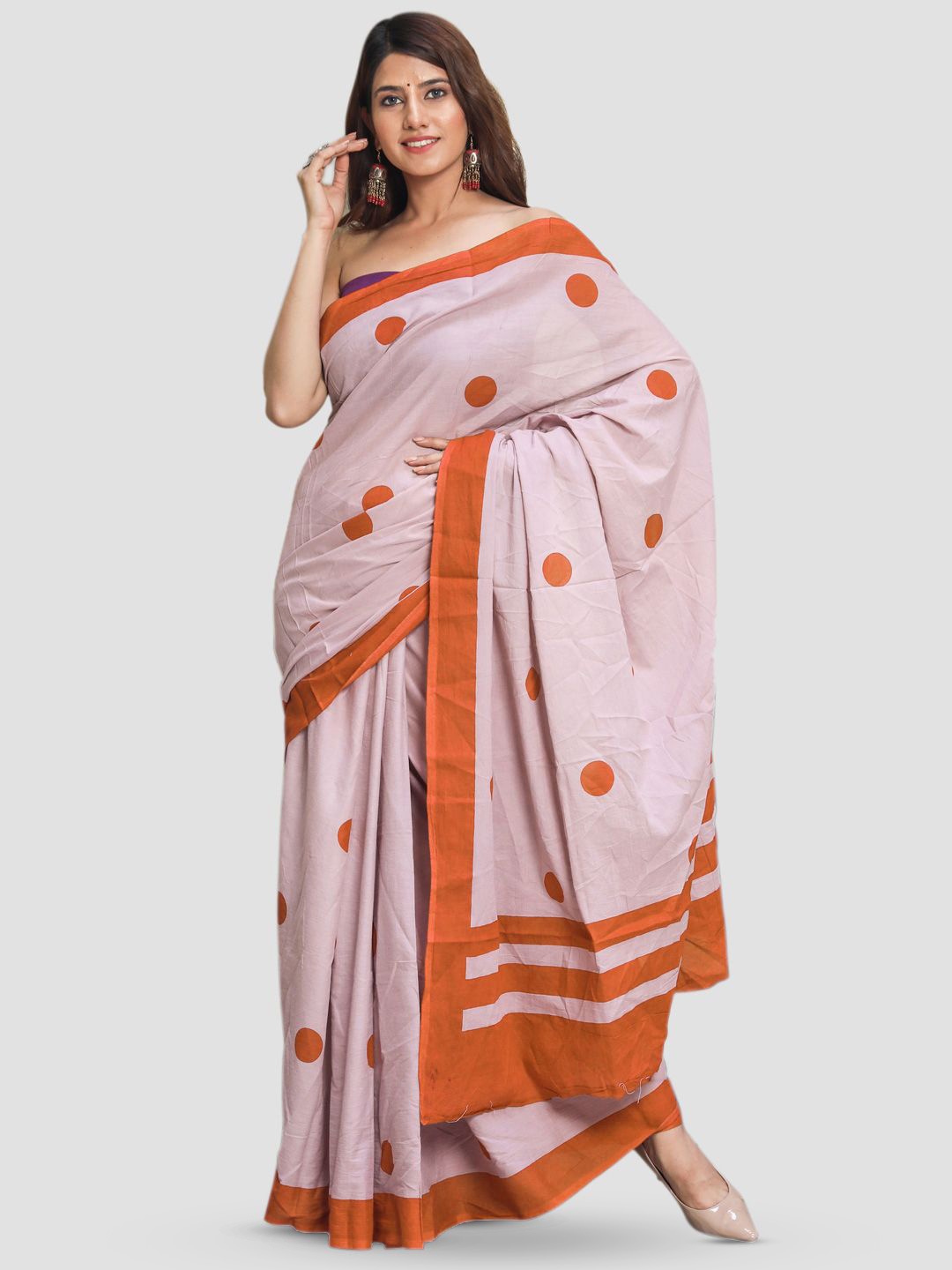 

BUTA BUTI Pure Cotton Polka Dot Festive Saree, Orange