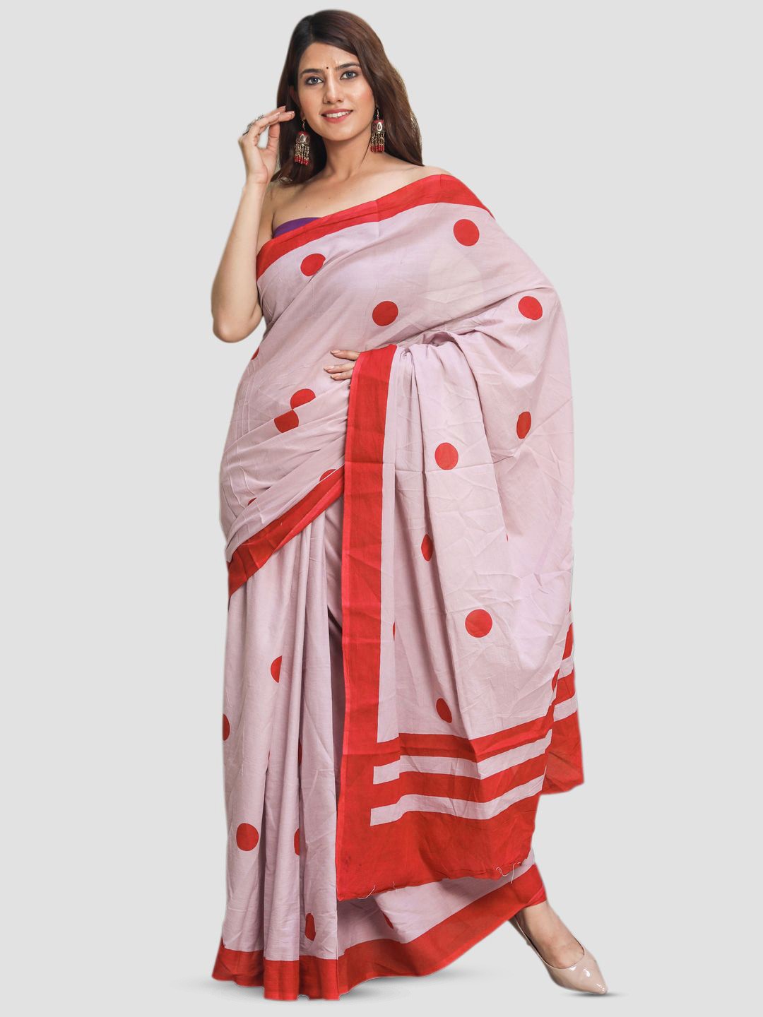 

BUTA BUTI Polka Dot Pure Cotton Saree, Red
