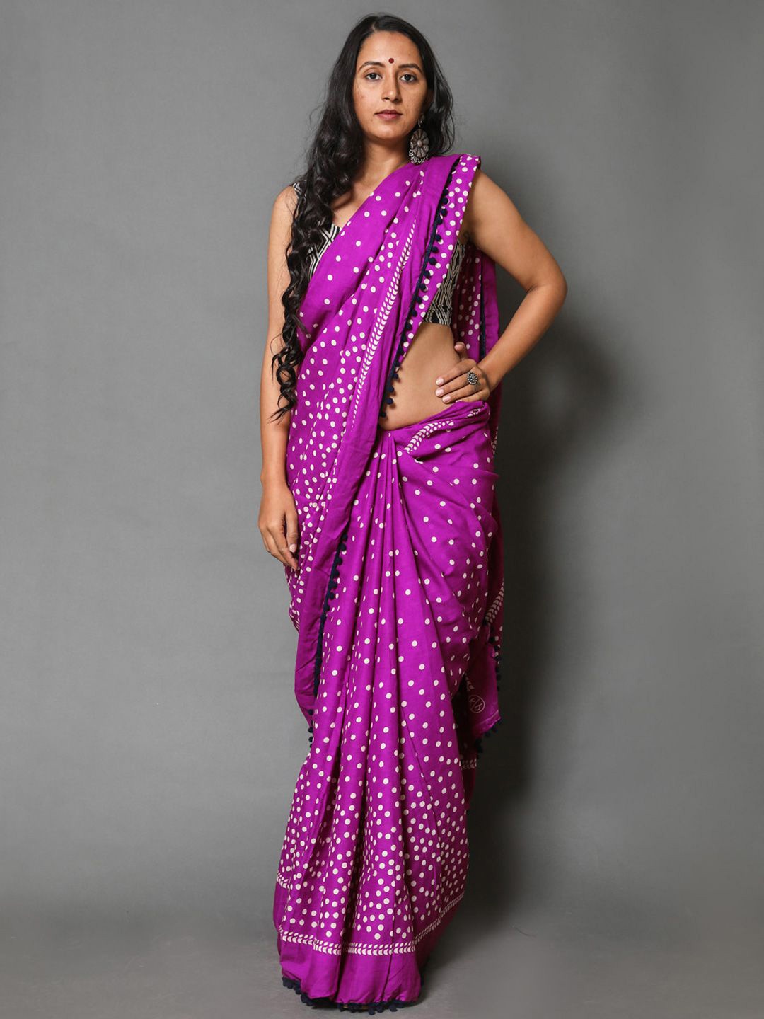 

BUTA BUTI Polka Dot Pompom Pure Cotton Saree, Purple