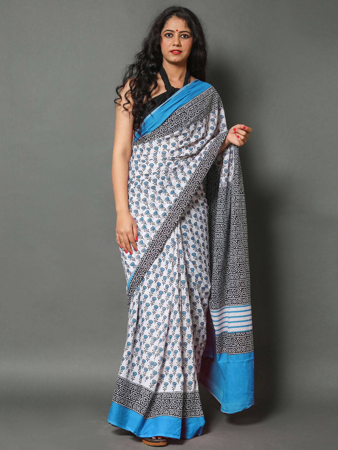 

BUTA BUTI Floral Pure Cotton Saree, Blue