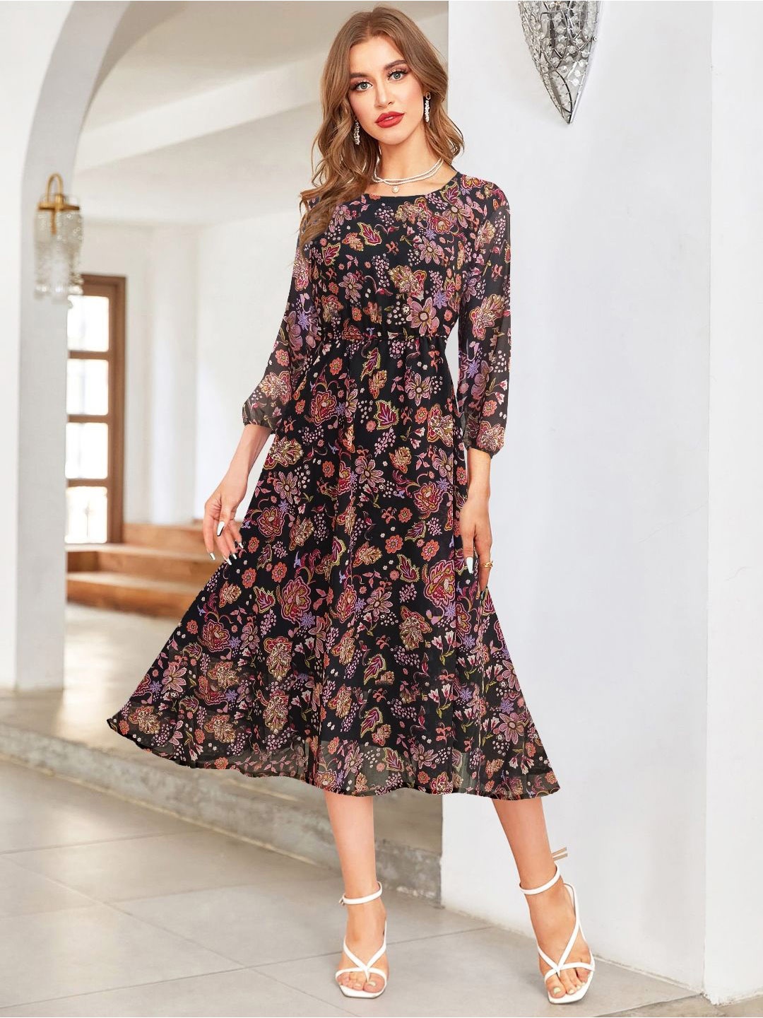 

BAESD Floral Print Georgette Fit and Flare Midi Dress, Black