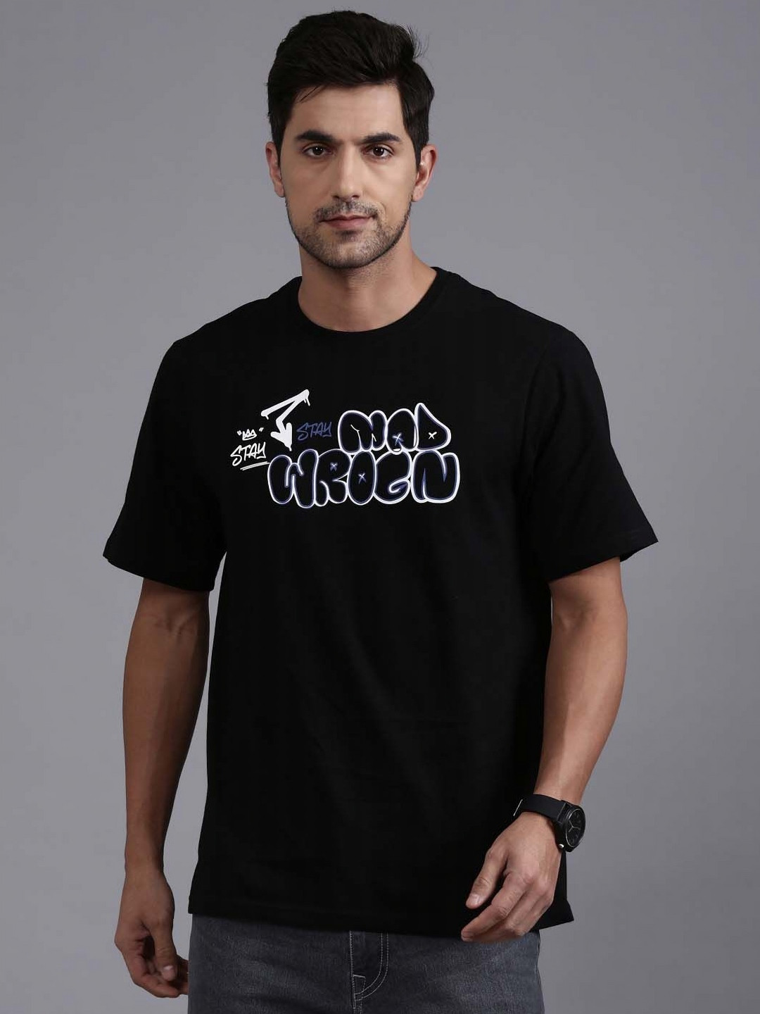 

WROGN Men Graphic Printed Round Neck Cotton T-Shirt, Black