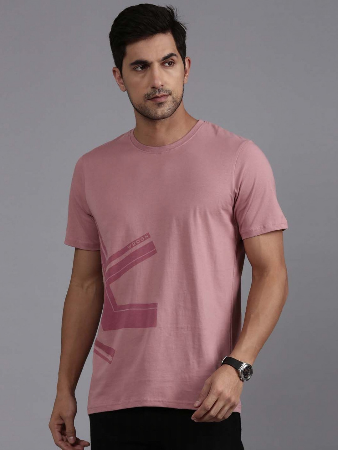 

WROGN Men Graphic Printed Round Neck Cotton T-Shirt, Pink
