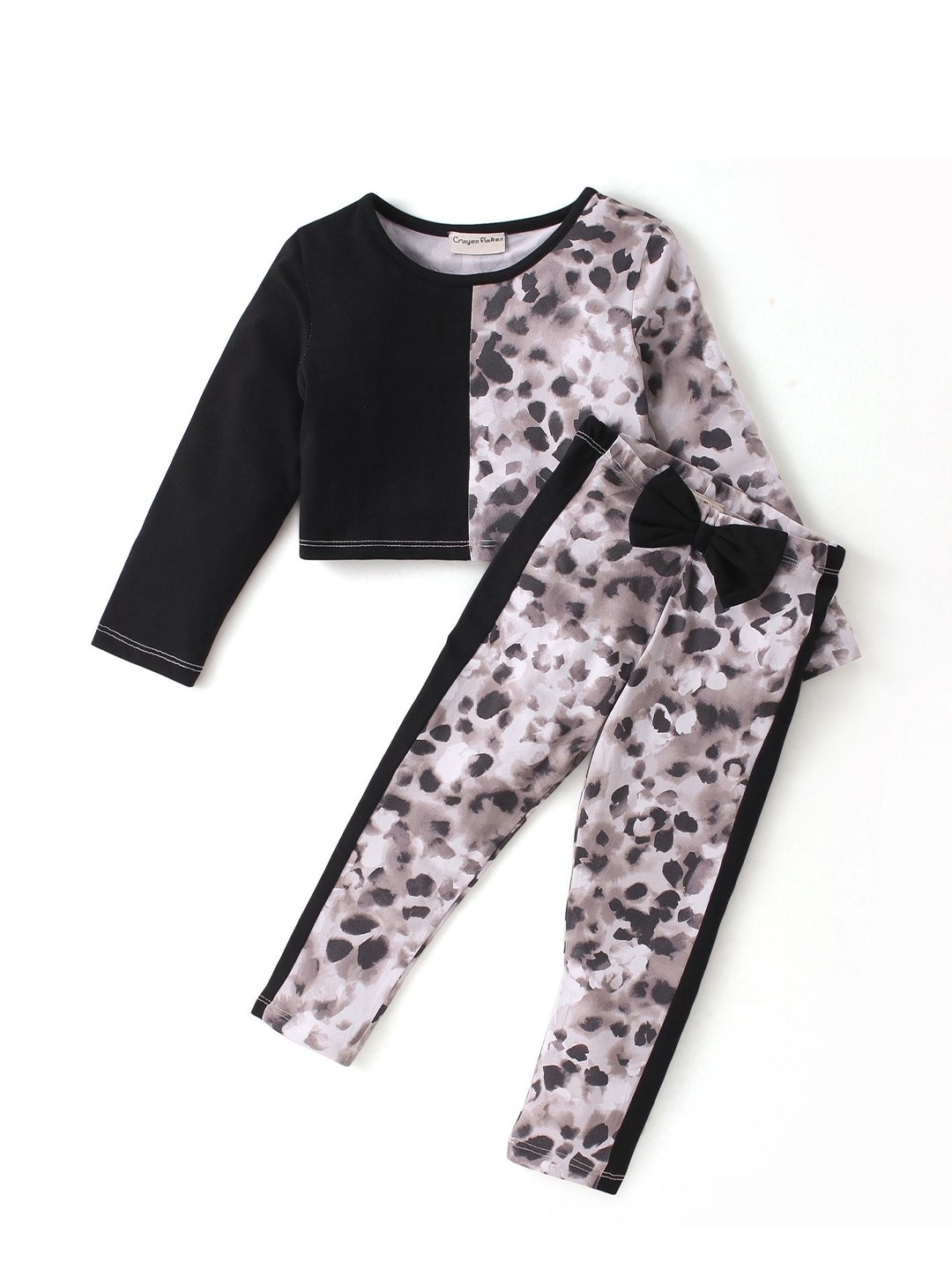 

CrayonFlakes Girls Round Neck Printed Top with Leggings, Black