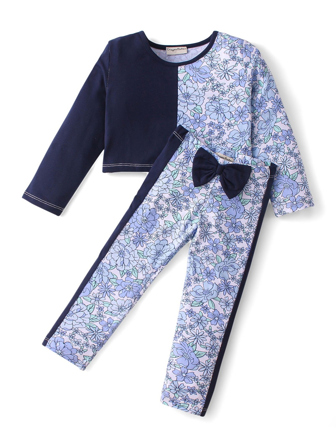 

CrayonFlakes Girls Round Neck Long Sleeves Printed Top with Trousers, Blue