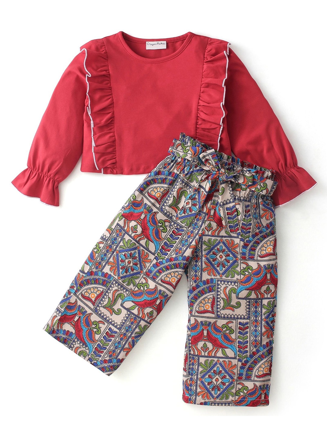 

CrayonFlakes Girls Round Neck Pure Cotton Top with Trousers, Red