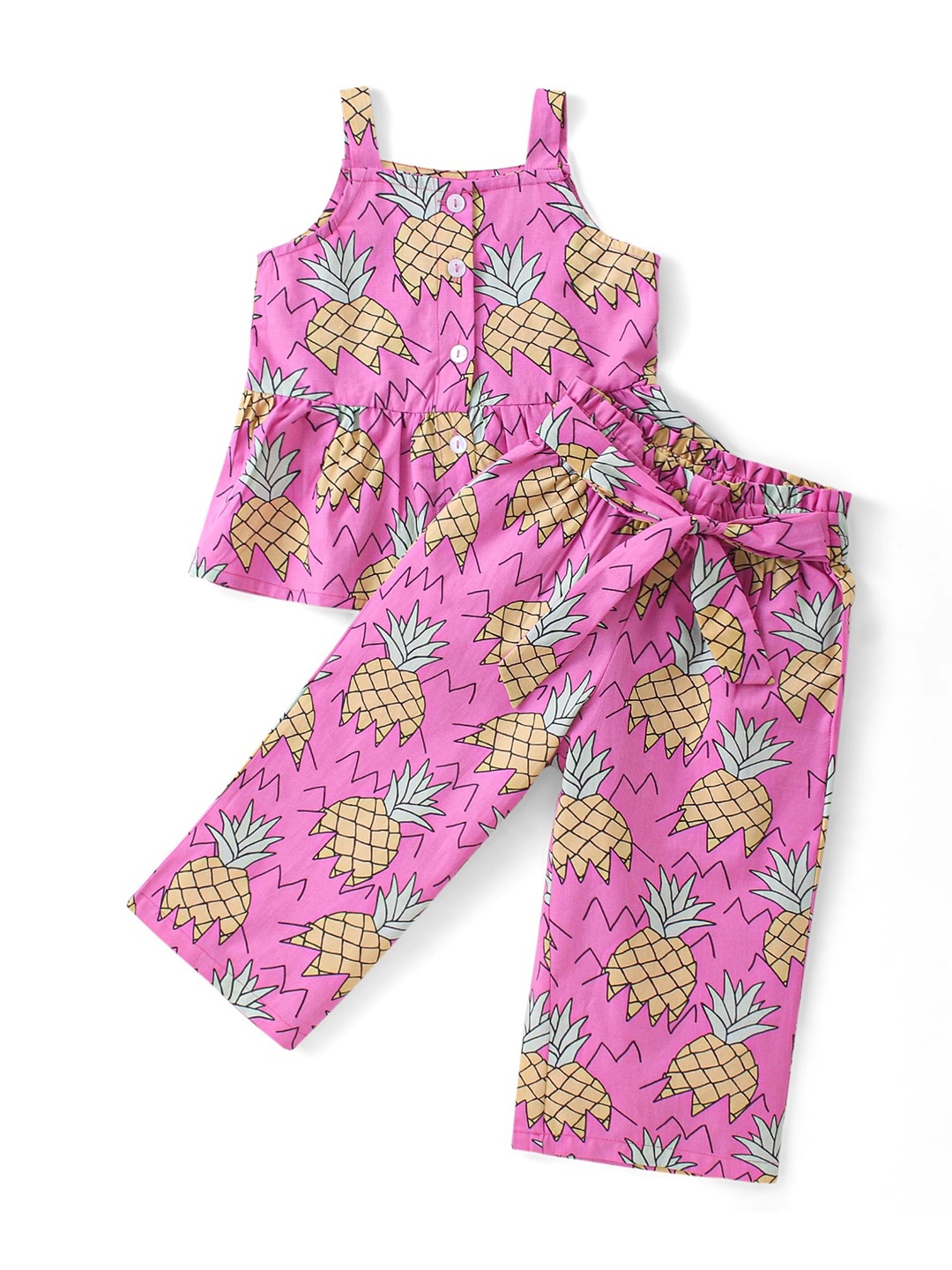 

CrayonFlakes Girls Square Neck Pure Cotton Printed Top with Palazzos, Pink