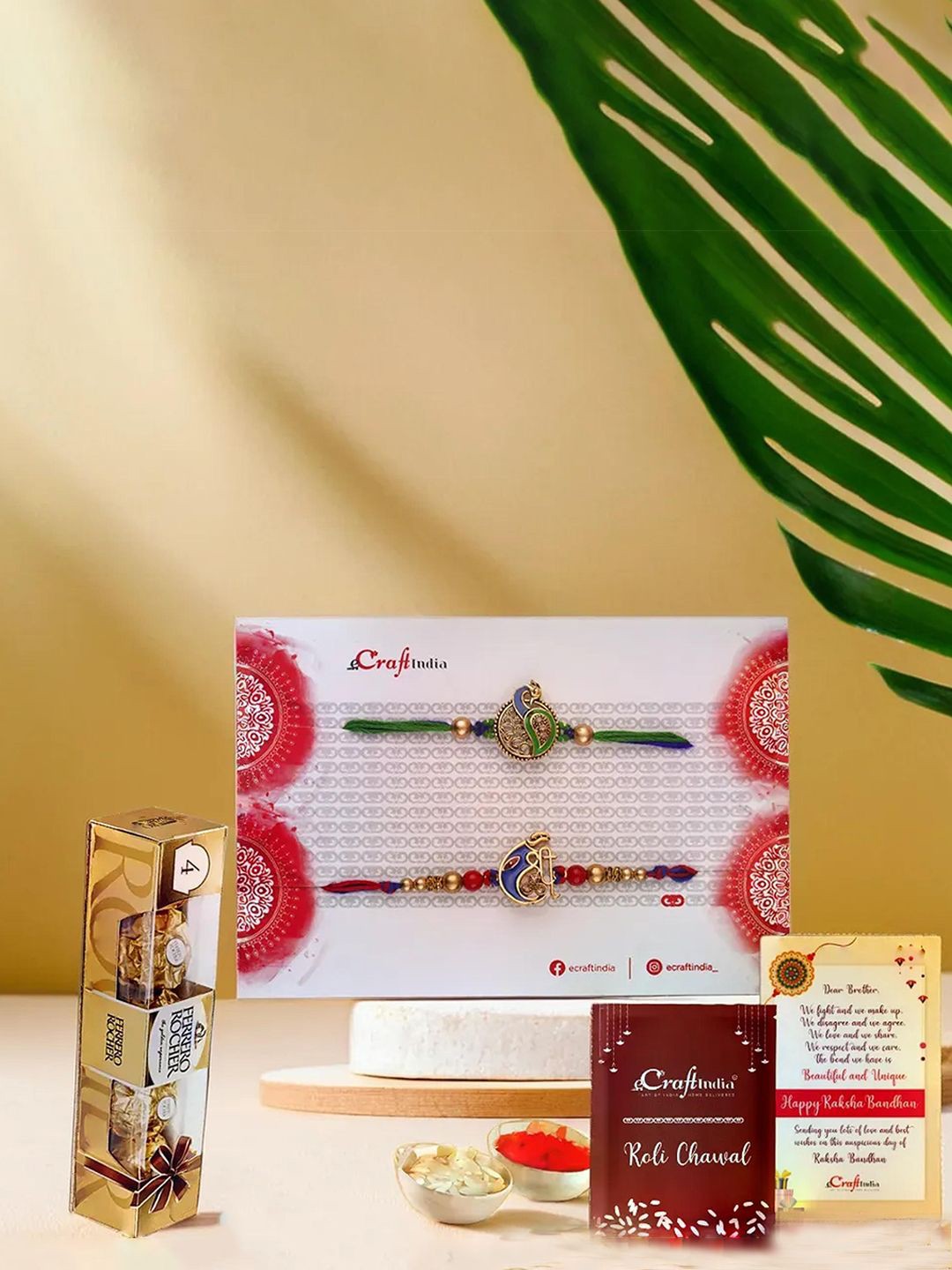 

eCraftIndia Set of 2 Om Peacock Thread Rakhis With Ferrero Rocher Chocolate- 4 pcs, Green