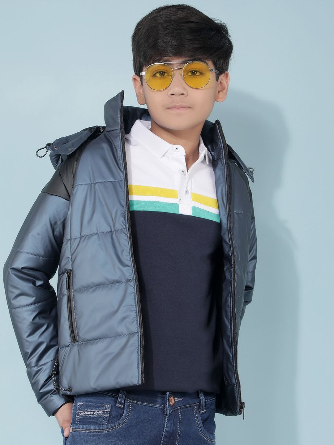 

Crimsoune Club Boys Colourblocked Hooded Casual Lightweight Padded Jacket, Blue
