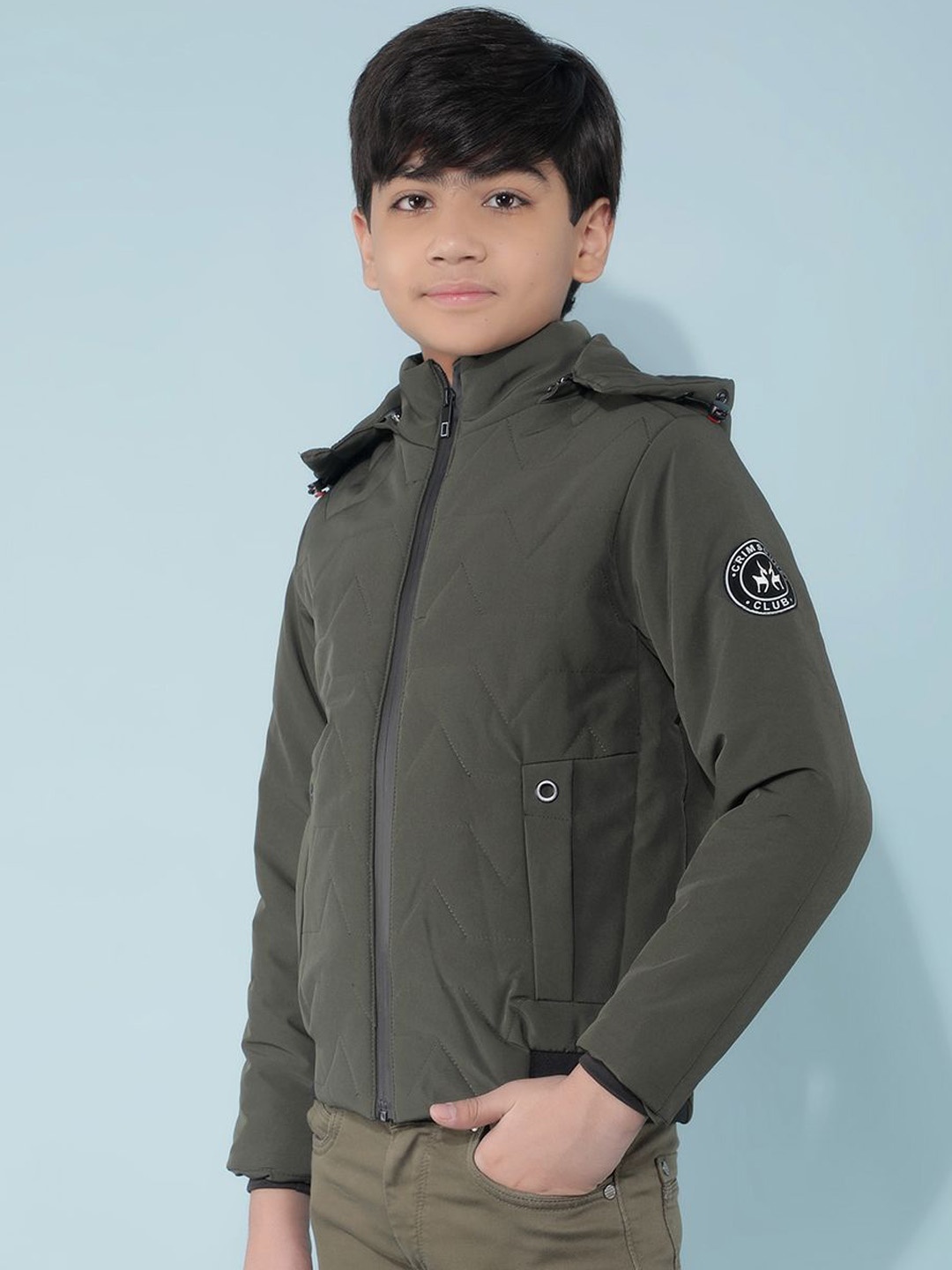 

Crimsoune Club Boys Geometric Lightweight Longline Tailored Jacket with Embroidered, Olive