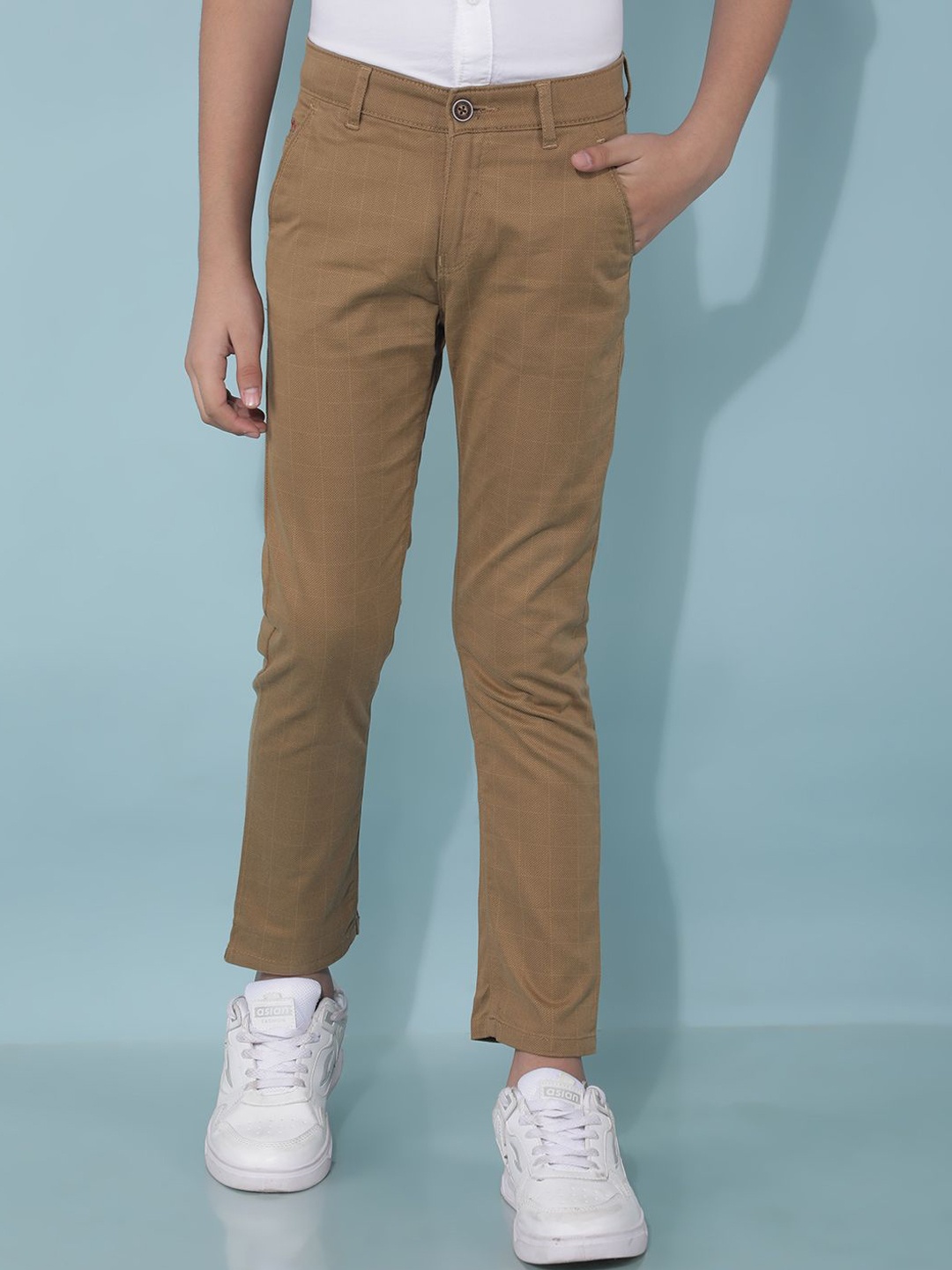 

Crimsoune Club Boys Checked Smart Slim Fit Chinos Trousers, Beige