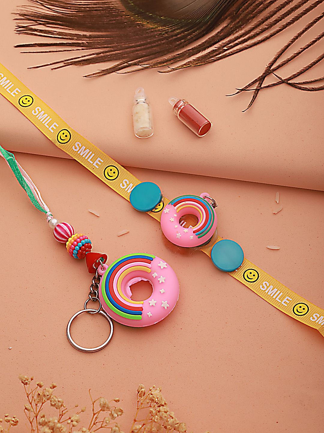 

Kook N Keech Yellow Kids Set of 2 Donut Key Chain Designer Rakhi with Roli & Chawal