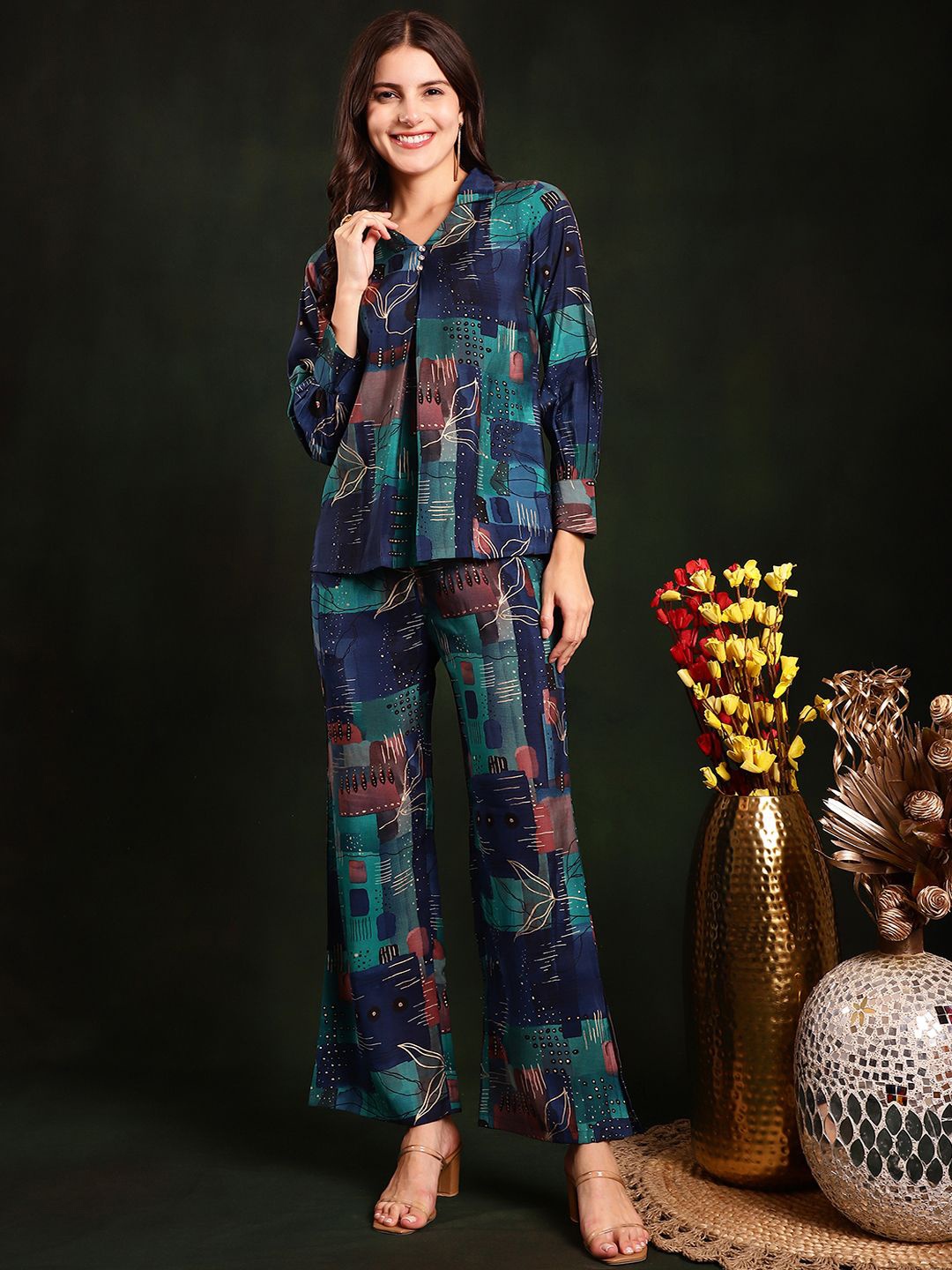 

Claura Blue Printed Shirt Collar Pure Cotton Top With Trousers