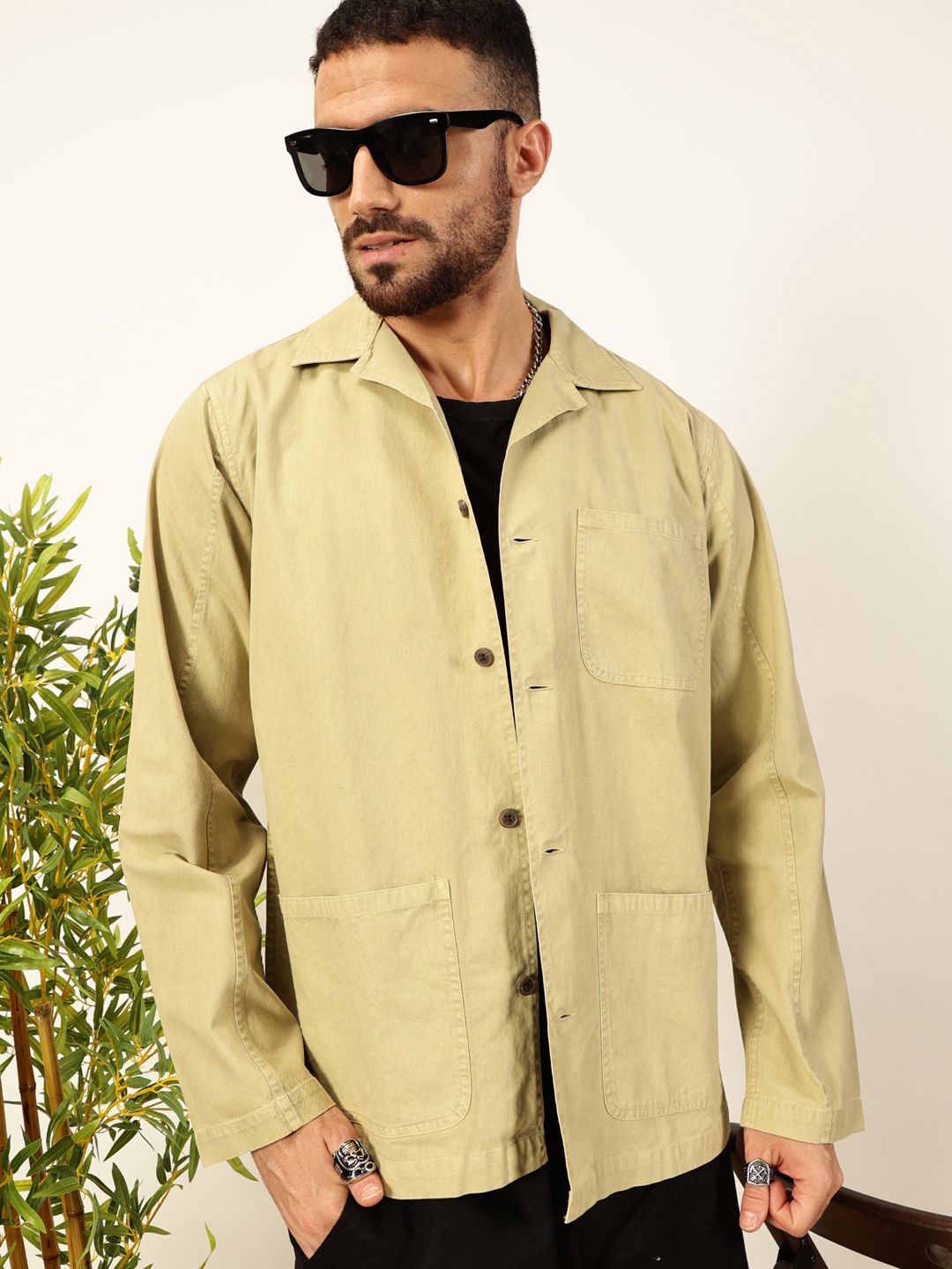 

Thomas Scott Men Premium Solid Cuban Collar Pure Cotton Casual Shirt, Beige