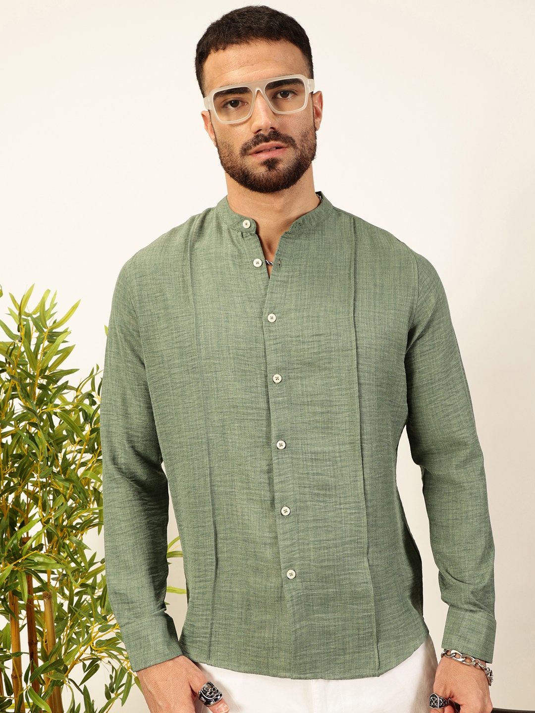 

Thomas Scott Men Premium Slim Fit Textured Casual Shirt, Green