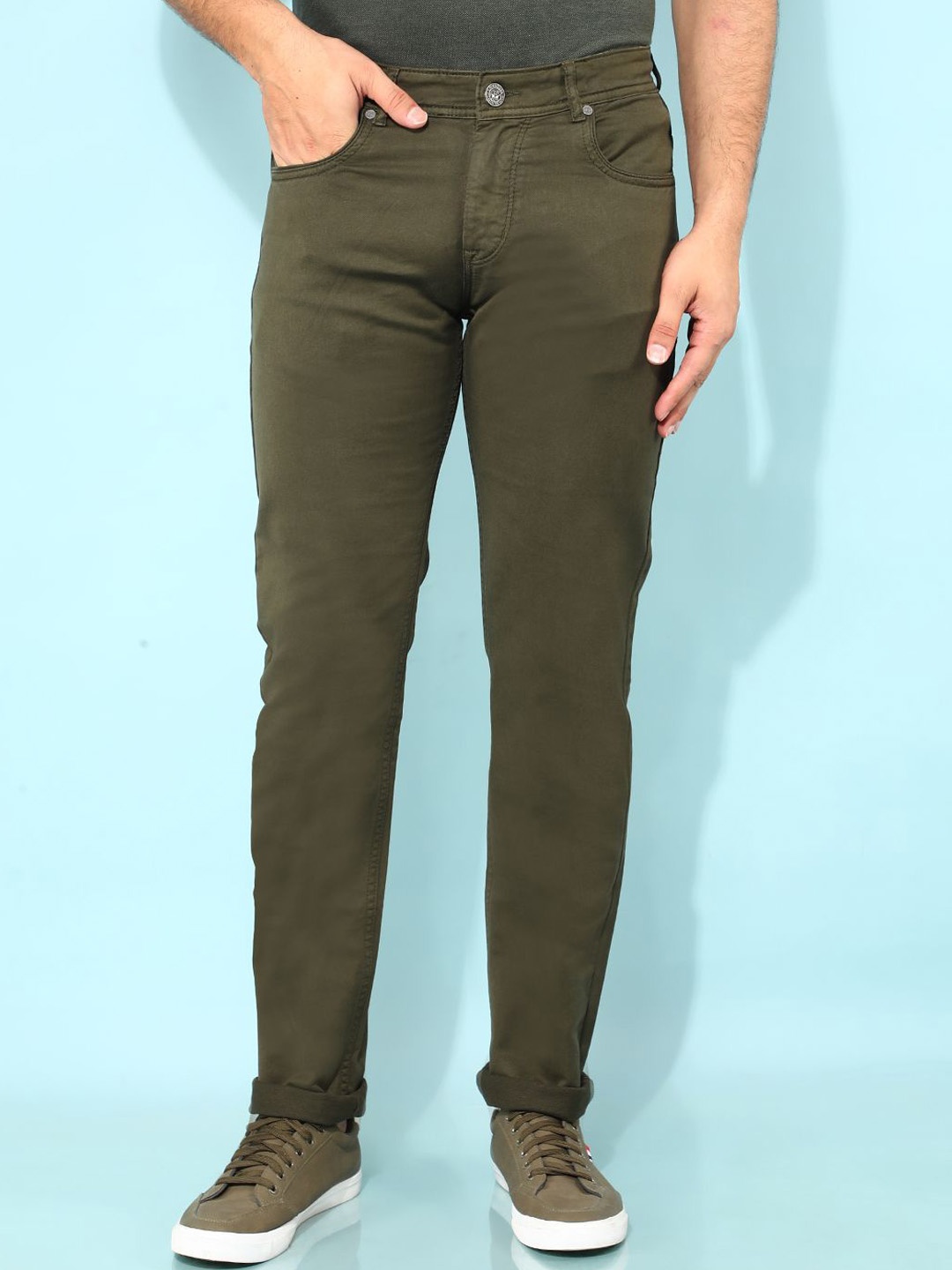 

Crimsoune Club Men Slim Fit Stretchable Coloured Jeans, Olive