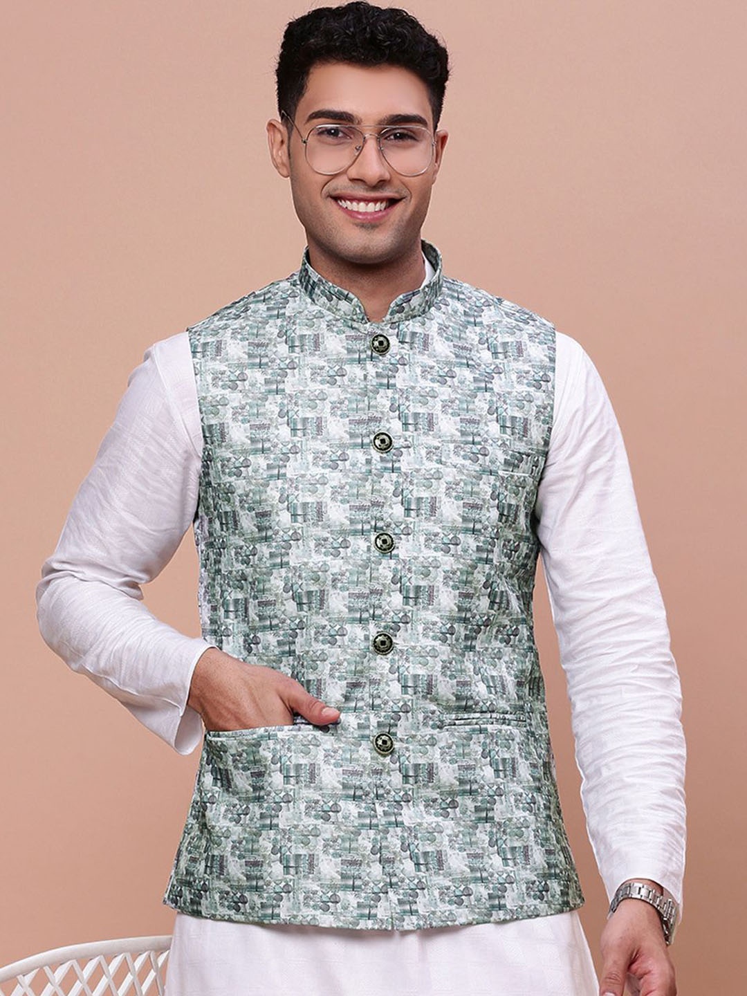 

SHOWOFF Woven-Design Slim-Fit Nehru Jacket, Teal