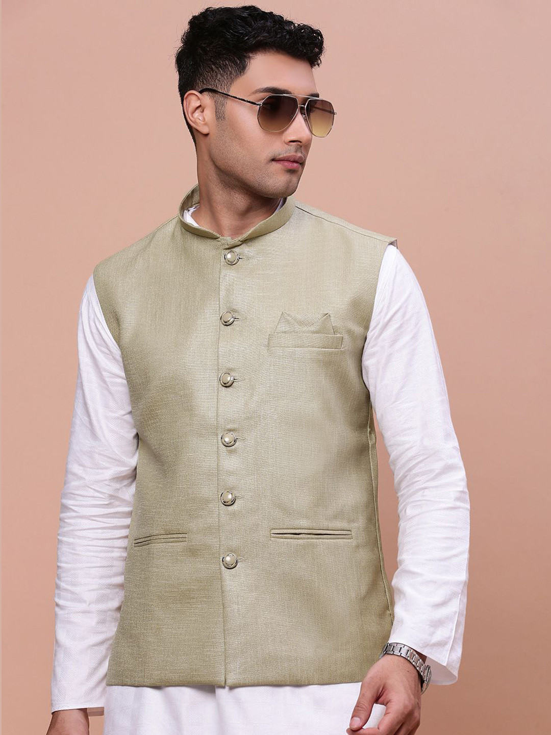 

SHOWOFF Slim-Fit Woven Nehru Jacket, Green
