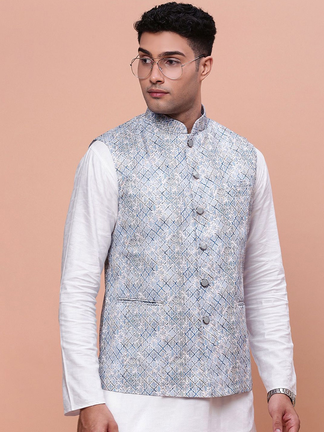 

SHOWOFF Men Embellished Slim Fit Nehru Jackets, Blue