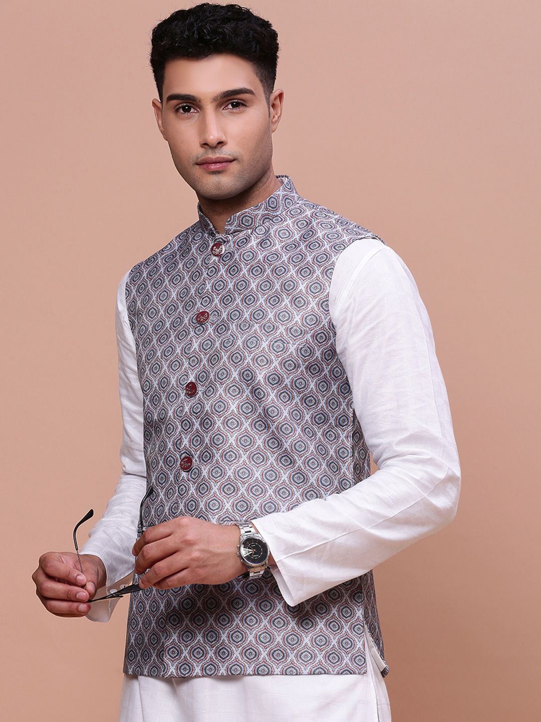 

SHOWOFF Printed Slim-Fit Nehru Jacket, Grey