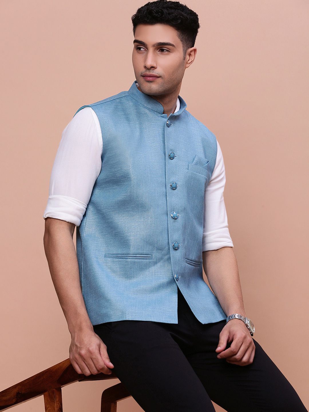 

SHOWOFF Slim-Fit Woven Nehru Jacket, Blue