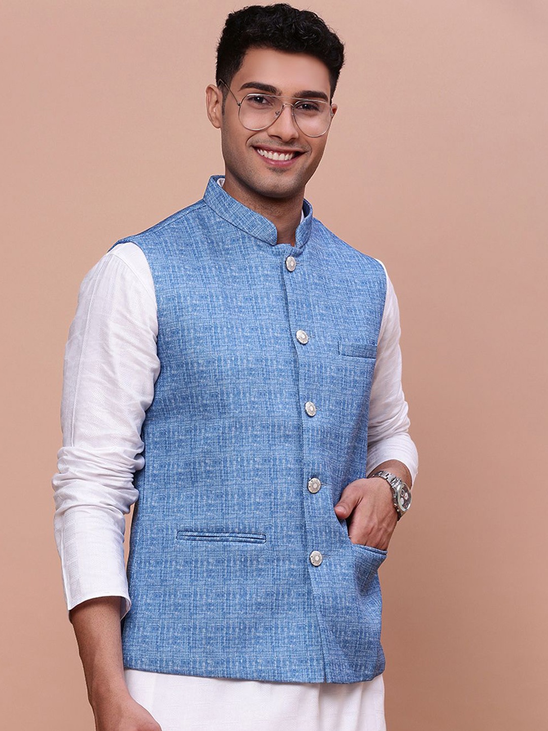 

SHOWOFF Men Woven-Design Slim-Fit Nehru Jacket, Blue