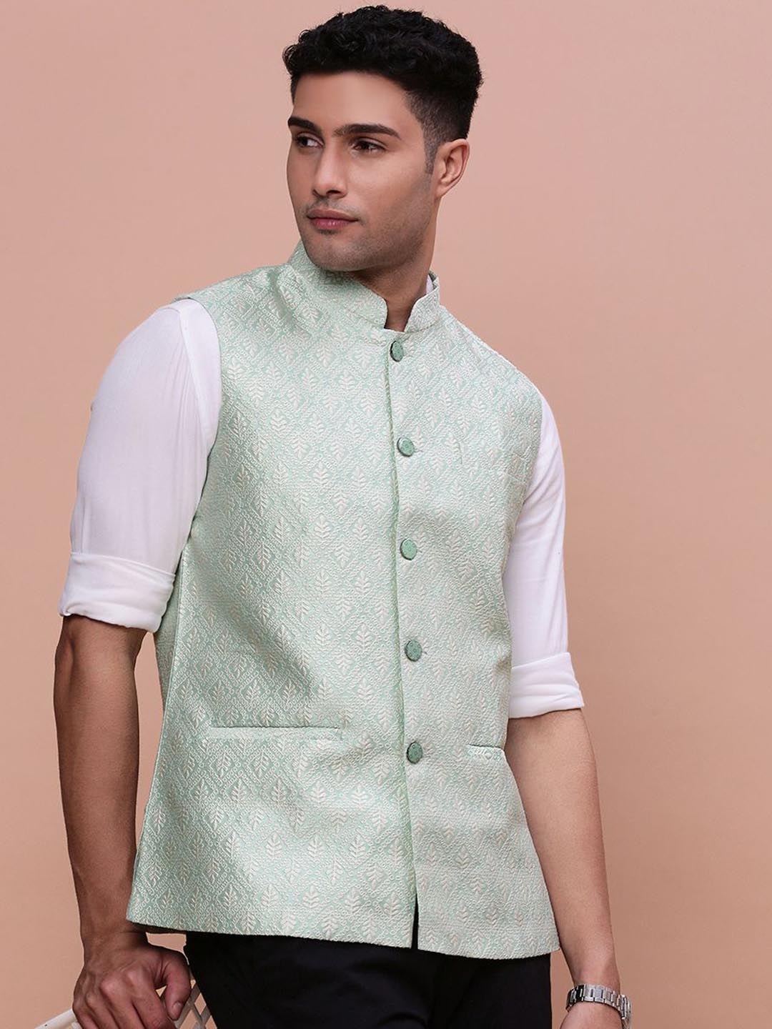 

SHOWOFF Men's Woven-Design Slim-Fit Nehru Jacket, Green