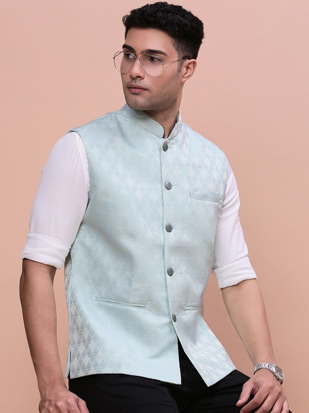 

SHOWOFF Woven-Design Slim-Fit Nehru Jacket, Sea green