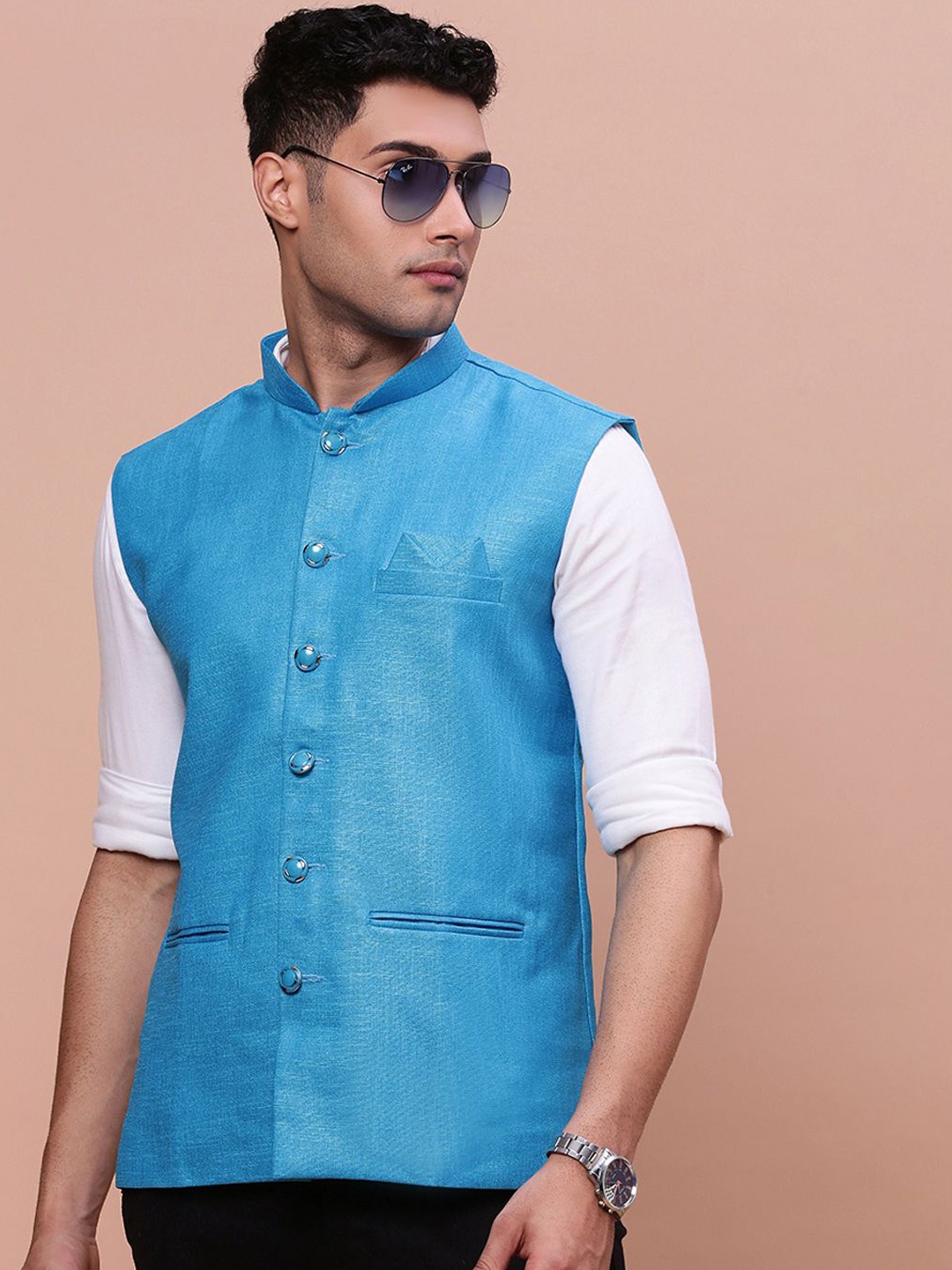 

SHOWOFF Slim-Fit Woven Nehru Jacket, Blue